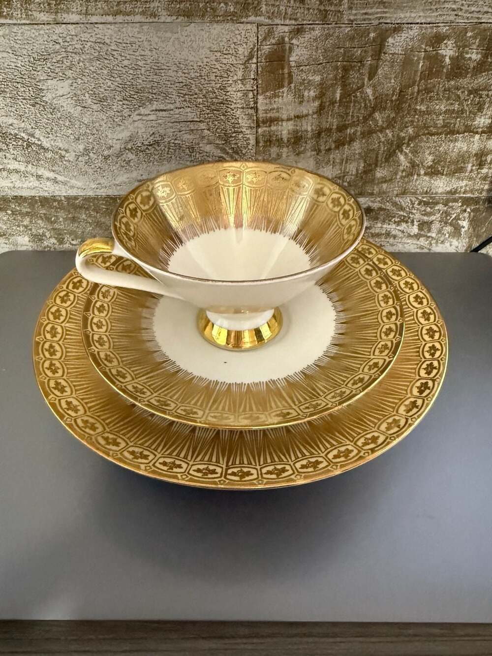 Vintage Mitterteich Bavaria Gold Chintz Footed Teacup Saucer and Plate Trio Set